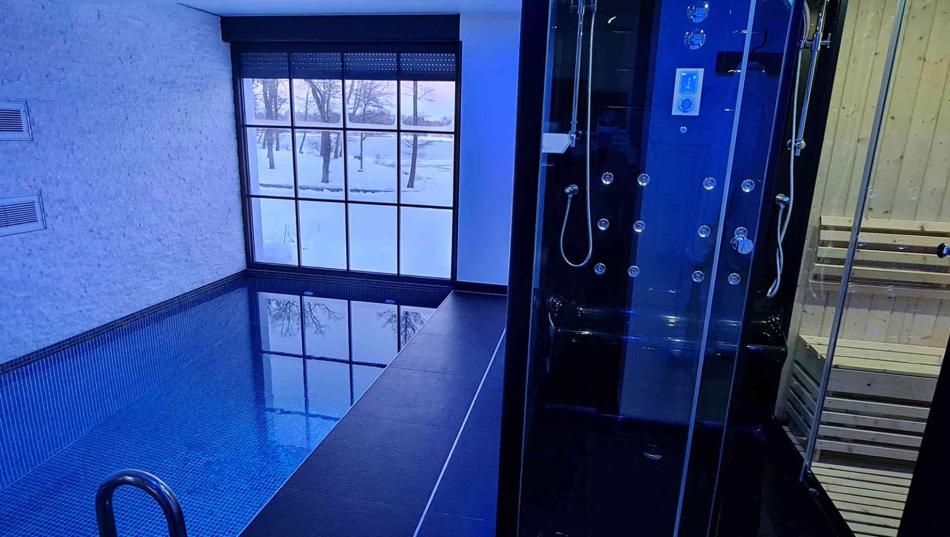 Loft concept piscine intérieure et douche sauna